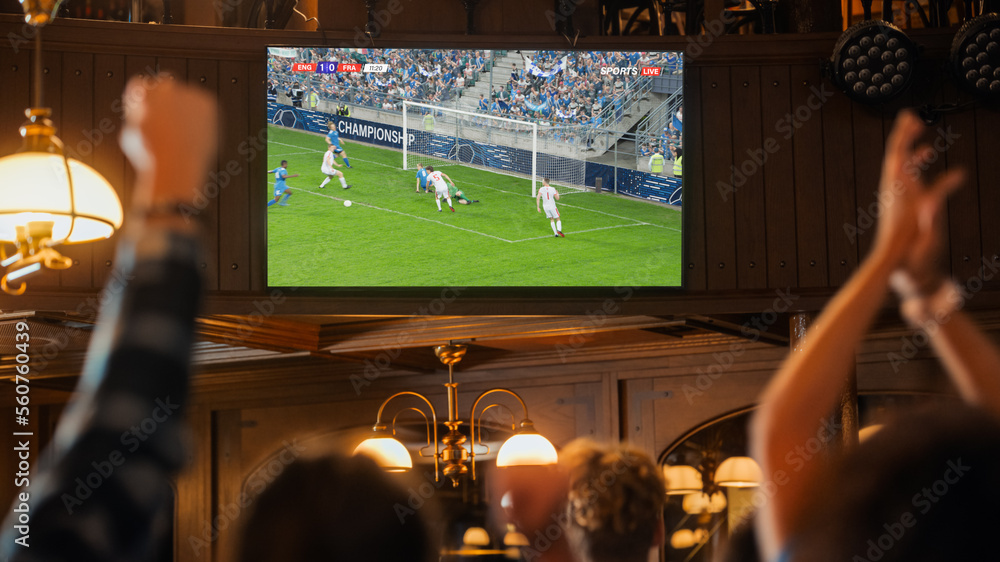 Foto de Stock Group of Friends Watching a Live Soccer Match on TV ...